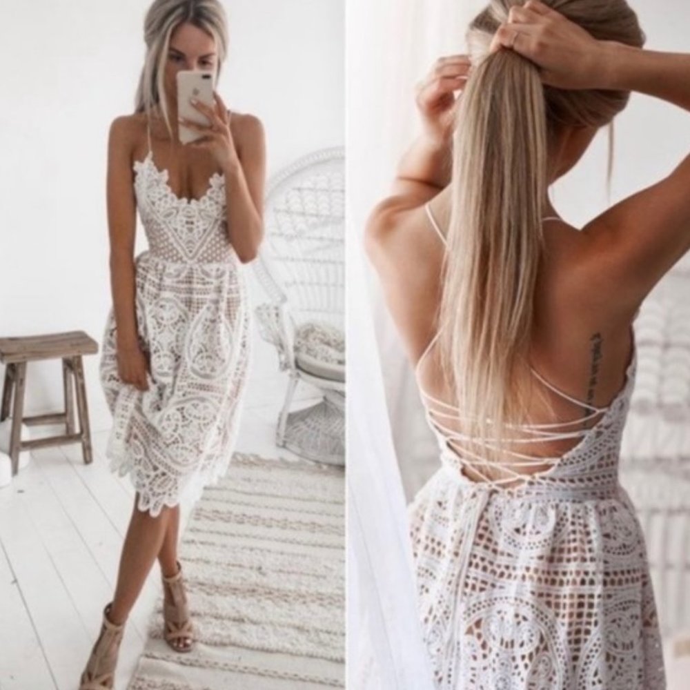 New White Crochet Lace Beach Wedding Party Dress